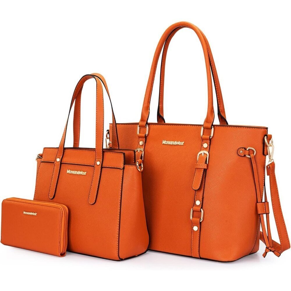 Women’s Orange 3PCS Purses Set - Tote Bag, Wallet & Shoulder Satchel Handbags